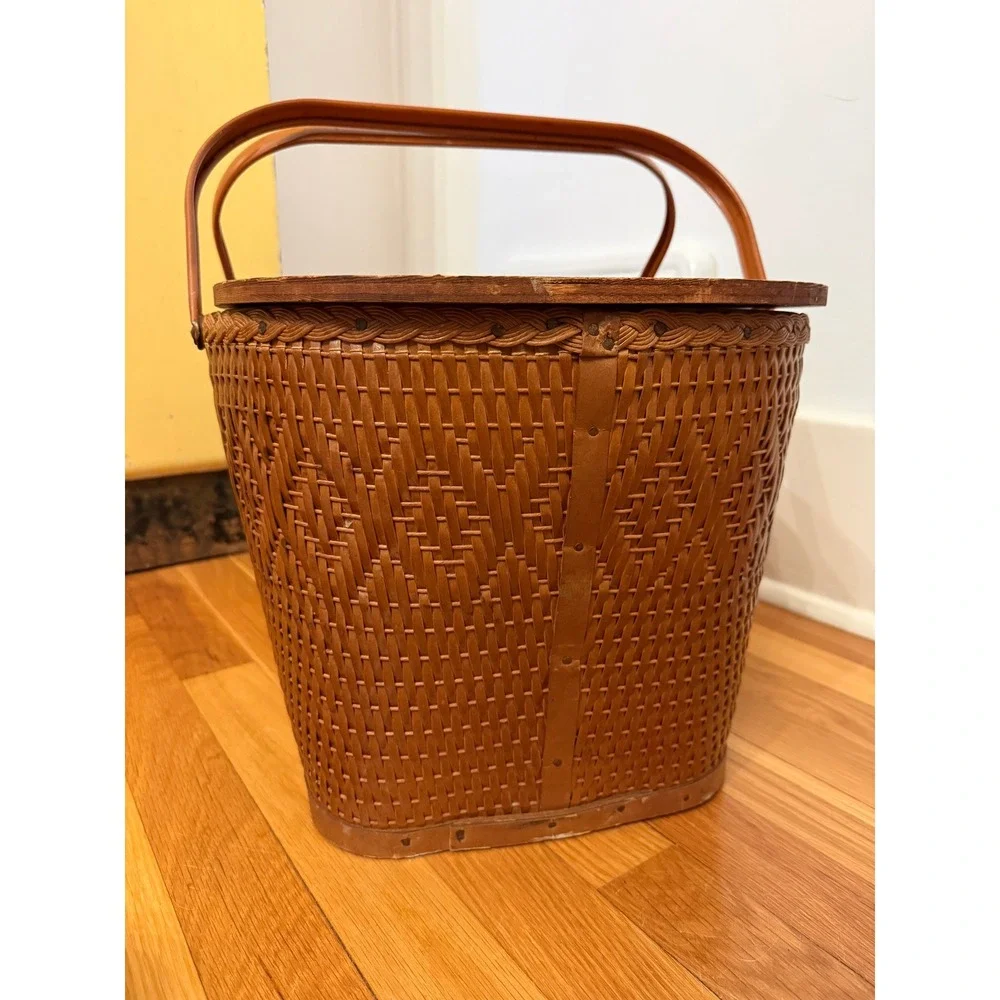 Vintage Red-Man Woven Picnic Basket Wood Lid Brown Diamond Pattern Peru Indiana